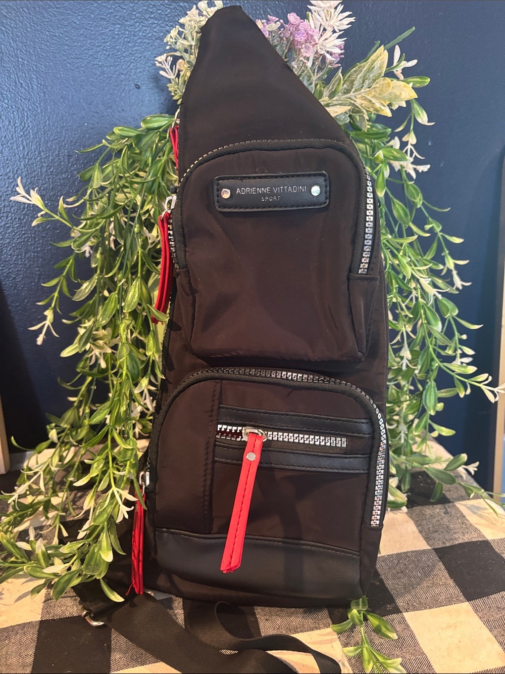 Adrienne Vittadini Black Sling Bag with Red Accents